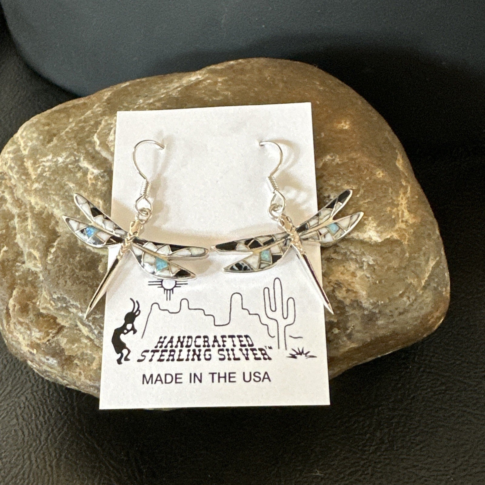 White Buffalo Turquoise Onyx Opal Navajo Sterling Silver Inlay Earrings 1" 18548