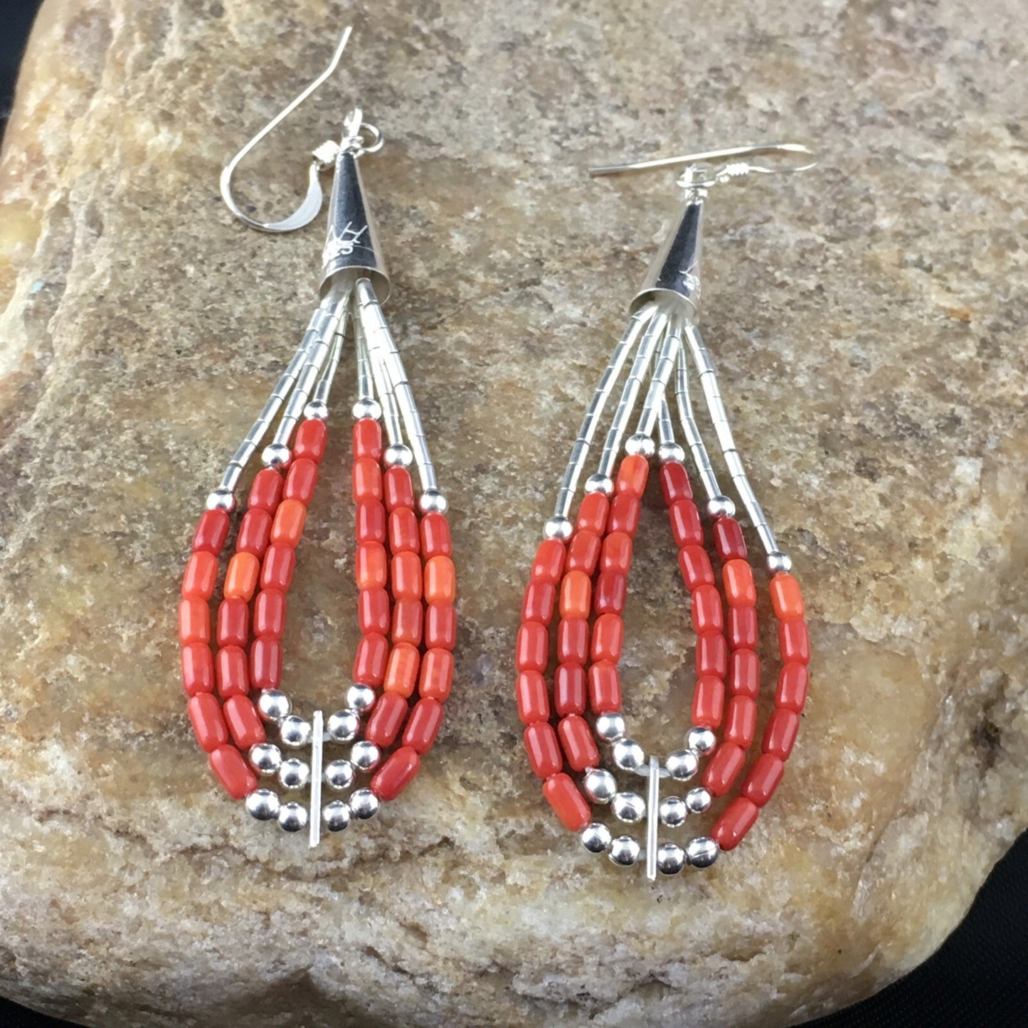 Red Coral 3 Strands Heishi Liquid Sterling Silver Dangle Earrings 1977