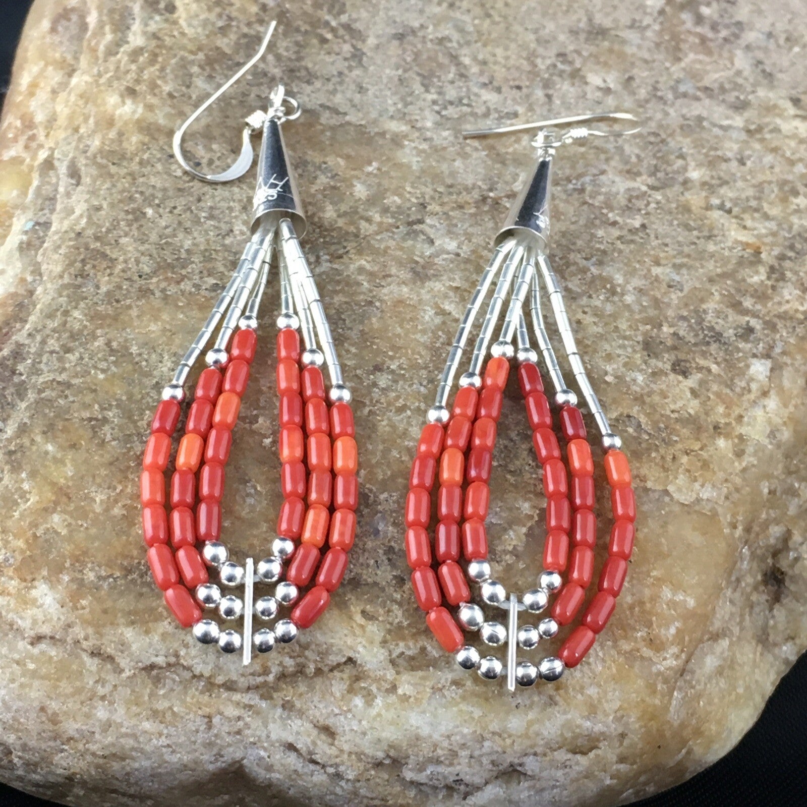 Red Coral 3 Strands Heishi Liquid Sterling Silver Dangle Earrings 1977