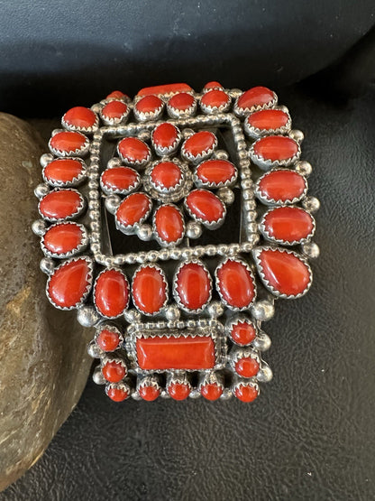 Mens Womens Red Coral Navajo Sterling Silver Cluster Cuff Bracelet 7.25" 19426