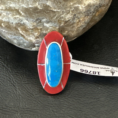 Blue Turquoise Coral Navajo Sterling Silver Ring Size 7.5 18766