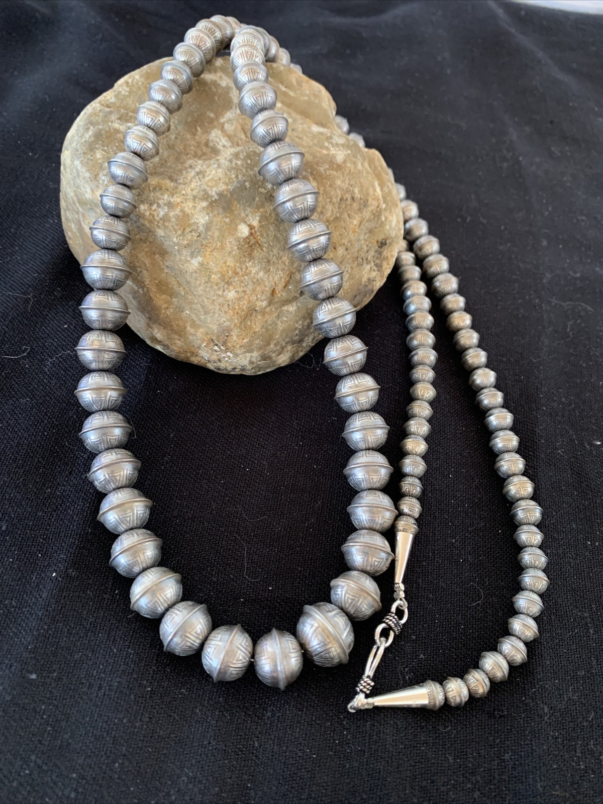 Hand Stamped Bench Navajo Pearls Graduated Sterling Silver Bead Necklace 36”