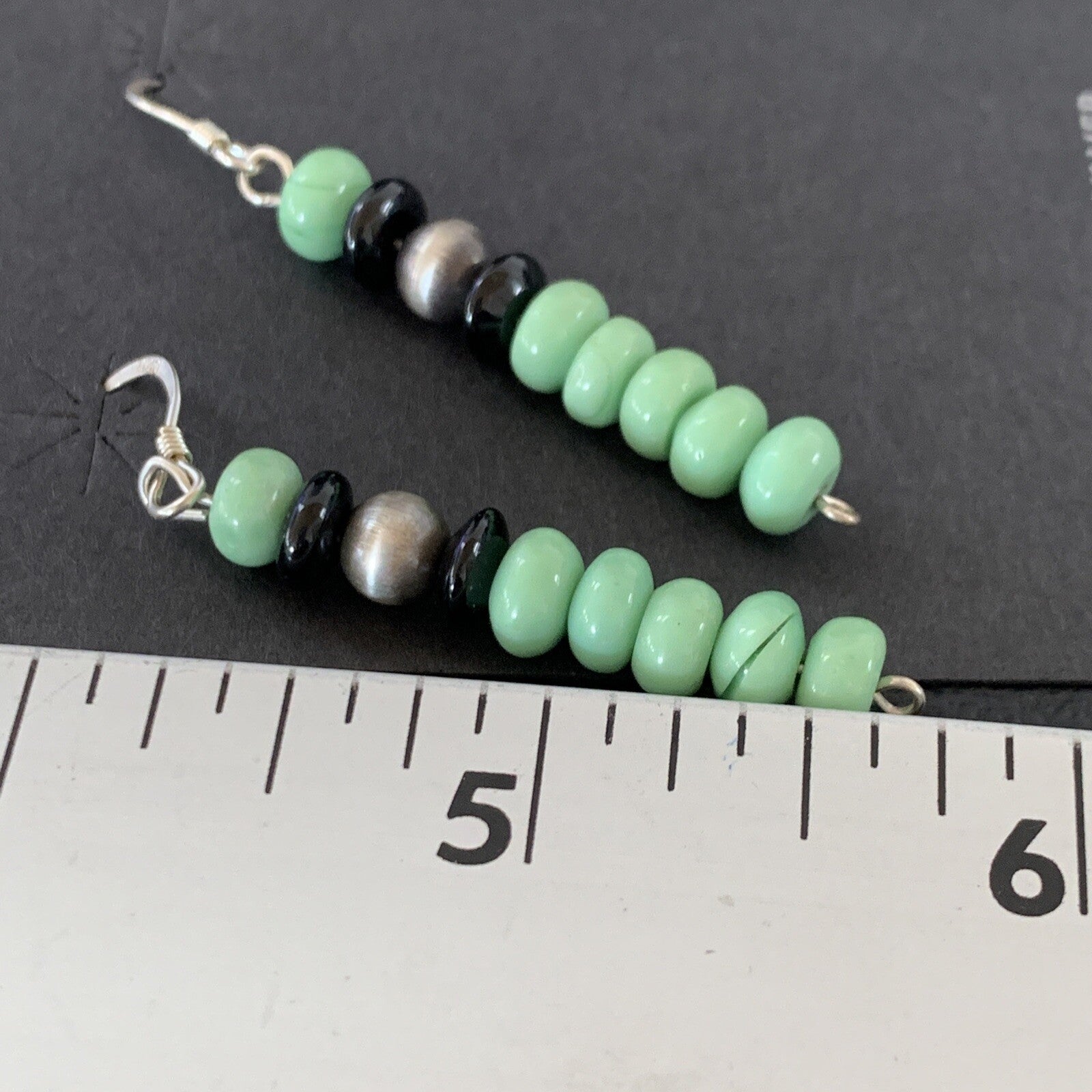 Green Malachite & Black Onyx Navajo Sterling Silver Beads Earrings 04486