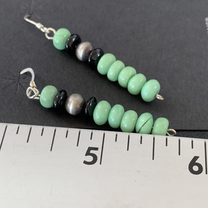 Green Malachite & Black Onyx Navajo Sterling Silver Beads Earrings 04486