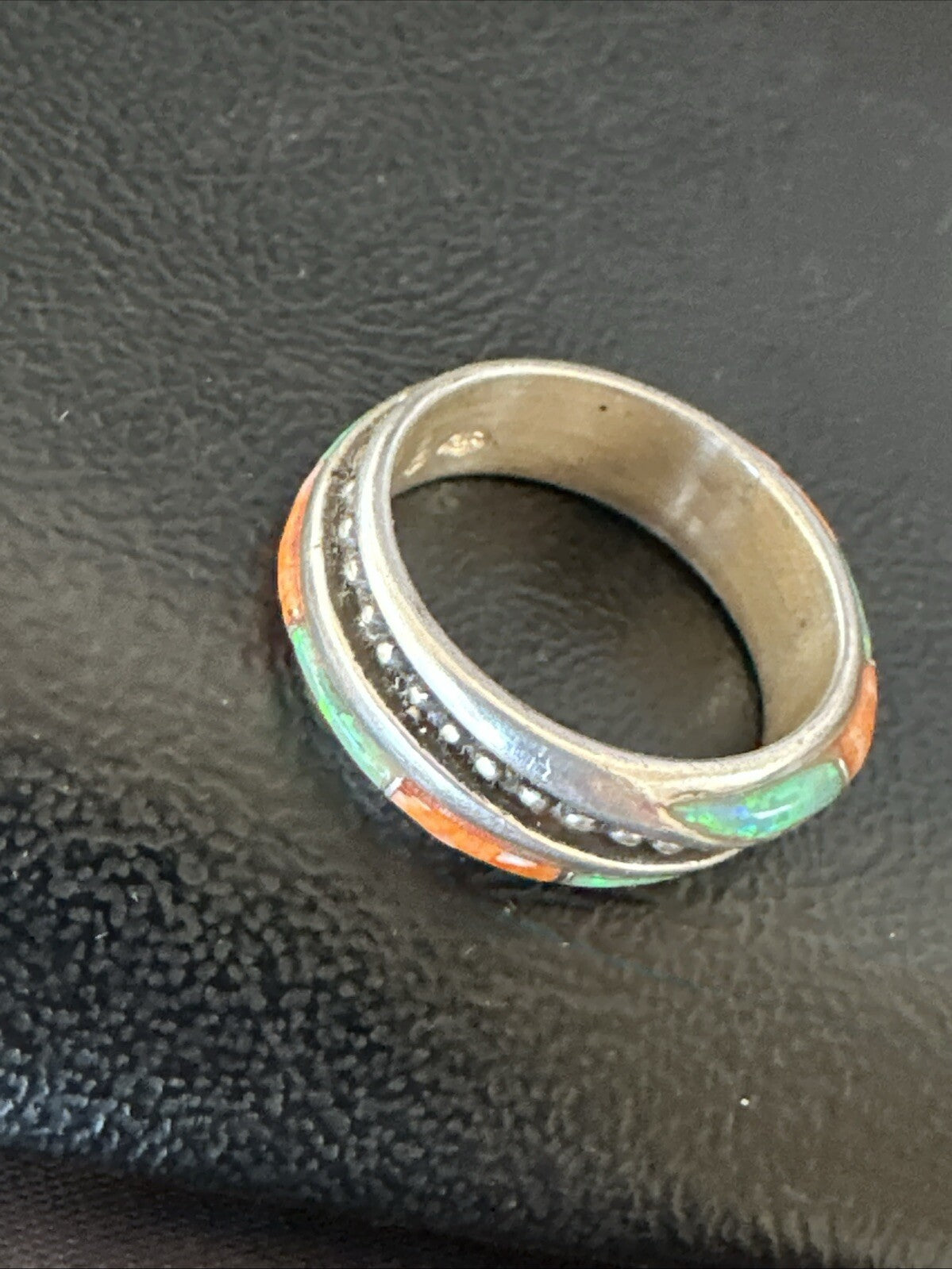 Green Opal Orange Spiny Navajo Sterling Silver Band Inlay Ring Size 9 18811