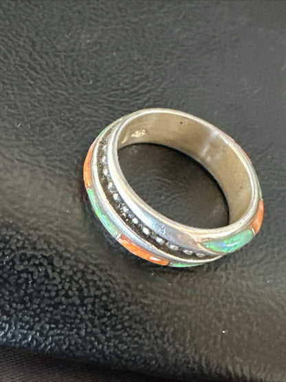 Green Opal Orange Spiny Navajo Sterling Silver Band Inlay Ring Size 9 18811