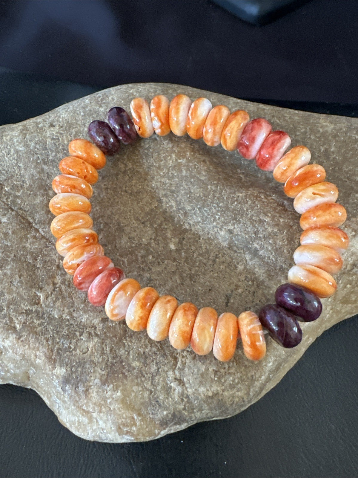 Orange Purple Spiny Oyster 12mm Bead Navajo Stretch Bracelet 19252
