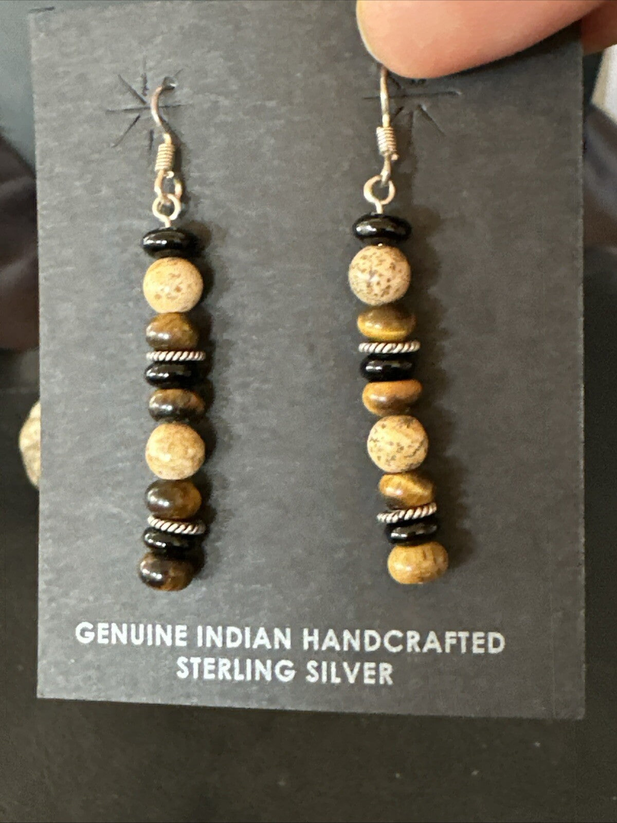 Navajo Sterling Silver Tigers Eye Picture Jasper Onyx Dangle Earrings 18721