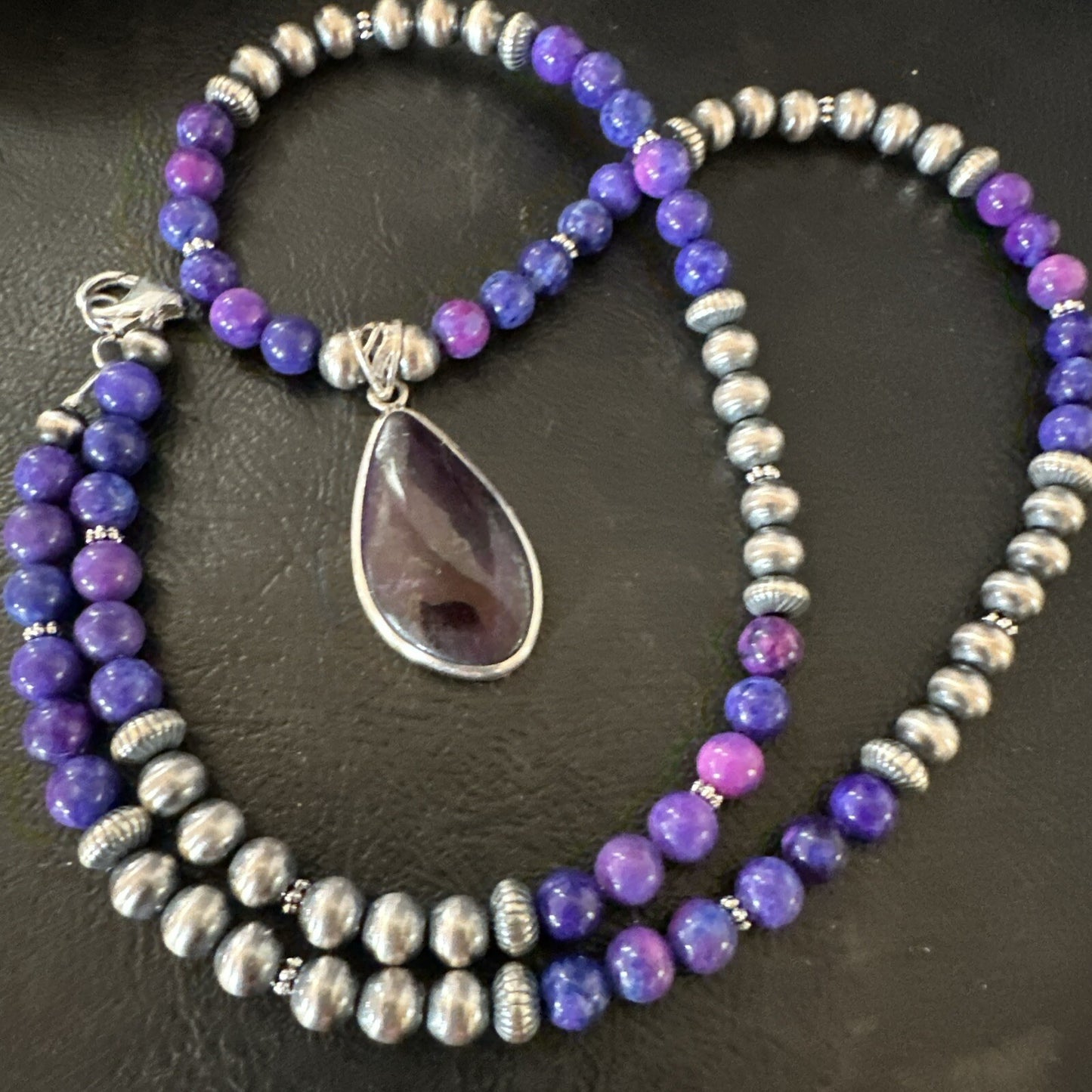 Purple Stone Pendant Navajo Pearls Sterling Silver Necklace 23" 17893
