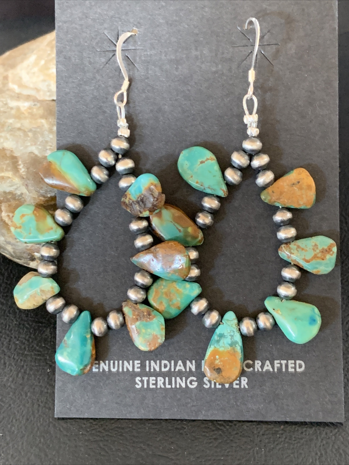 Navajo Green Cluster Turquoise Bead Sterling Earrings Native American 13371