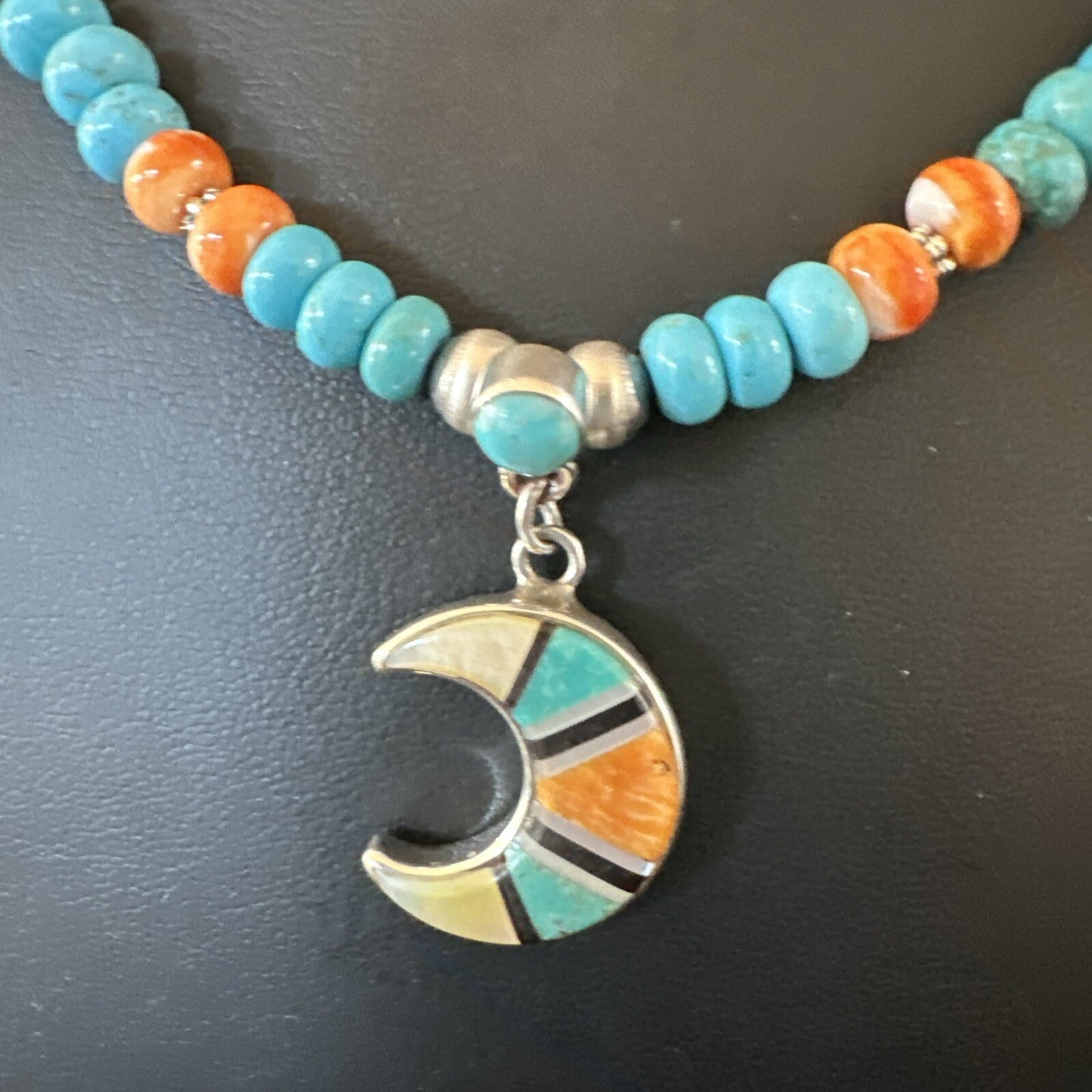 Crescent Multicolor Turquoise Pendant Navajo Sterling Silver Necklace 18731