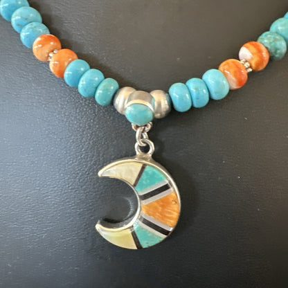 Crescent Multicolor Turquoise Pendant Navajo Sterling Silver Necklace 18731
