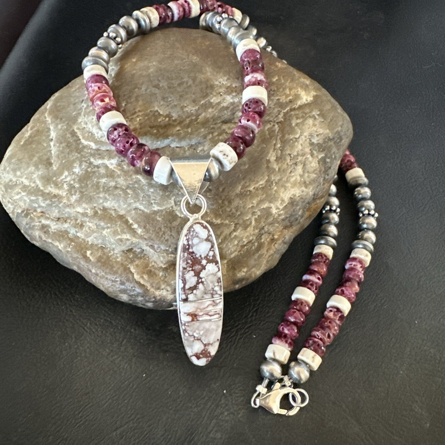 Purple Spiny Oyster Wild Horse Pendant Navajo Sterling Silver Necklace 17796