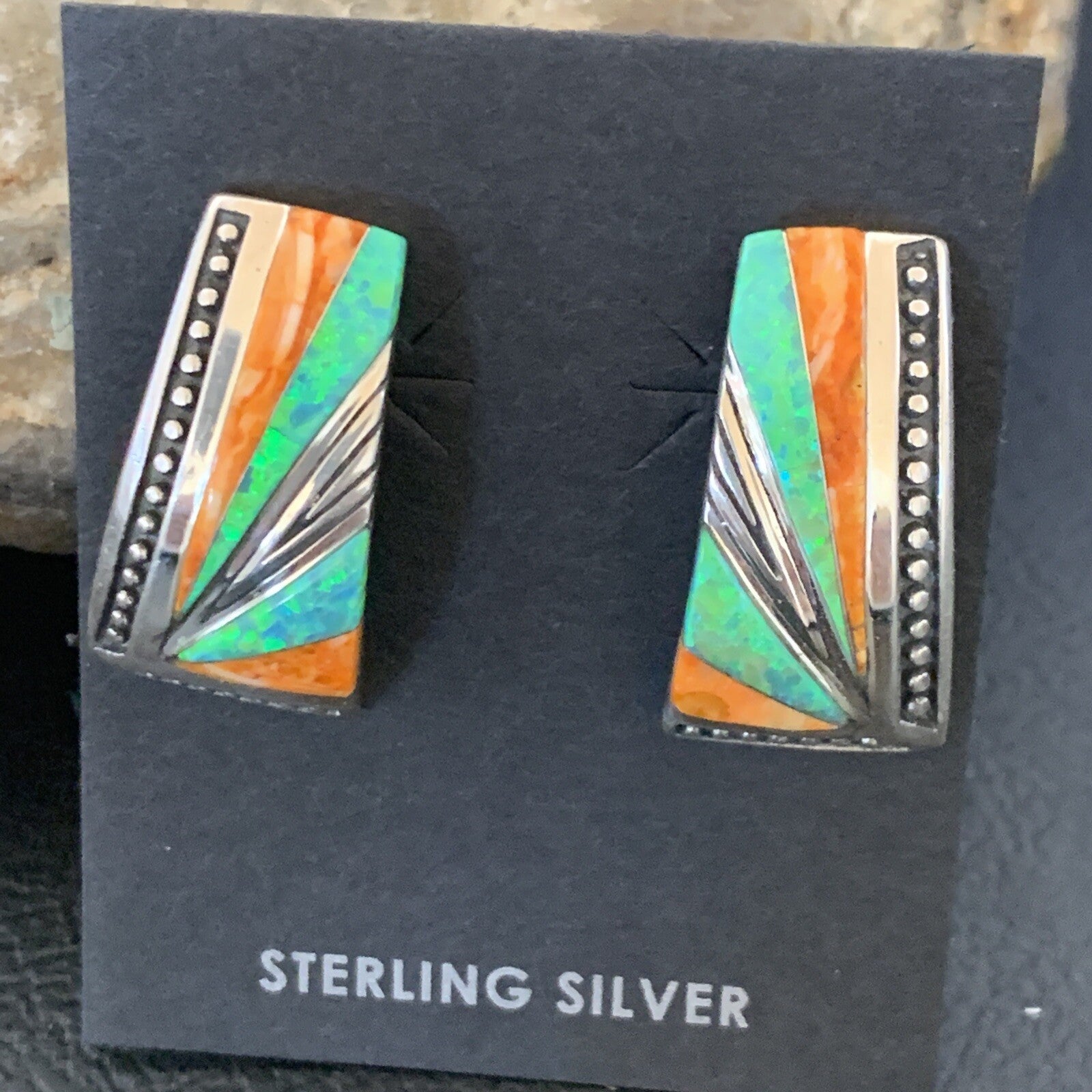 Navajo Blue Opal Oran Spiny Oyster Inlay Sterling Silver Earrings 12118