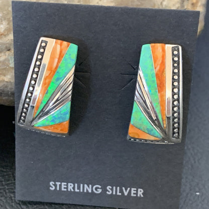 Navajo Blue Opal Oran Spiny Oyster Inlay Sterling Silver Earrings 12118