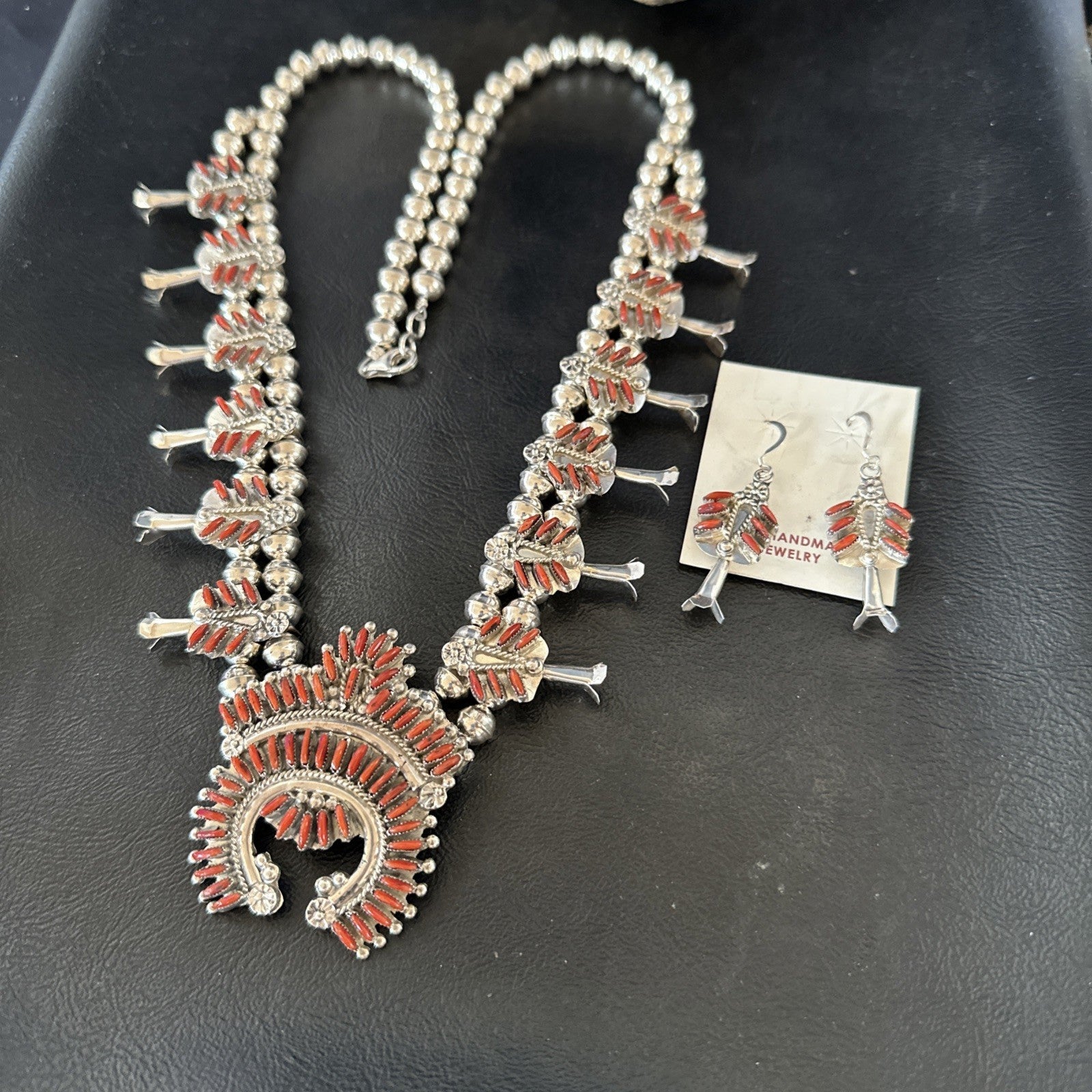 ZUNI Coral Sterling Silver Squash Blossom Needlepoint Necklace Earrings 19277
