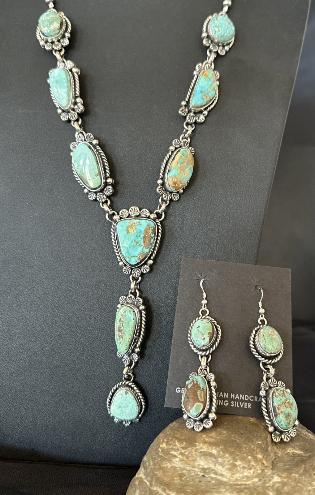 Sterling ROYSTON LARIAT Necklace 26” Women Navajo Turquoise Silver Earring 19598