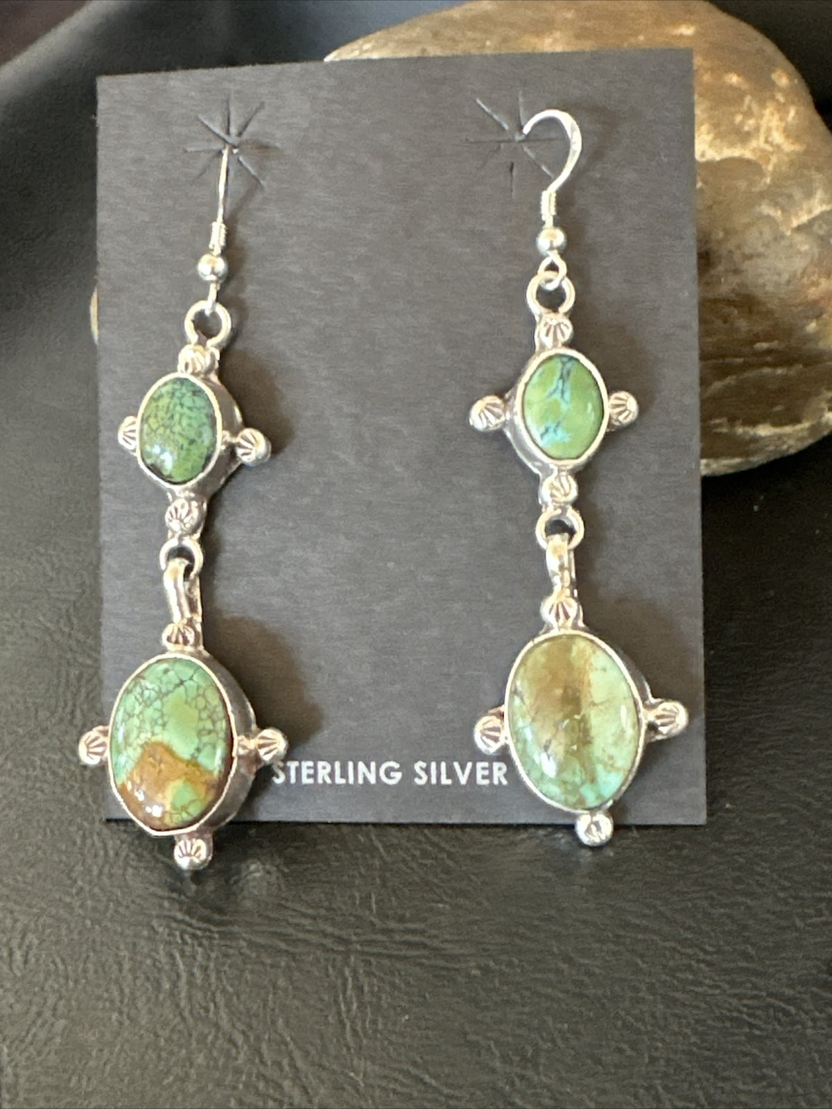 Native Navajo Green Turquoise Sterling Silver Dangle Earrings 2” 17695