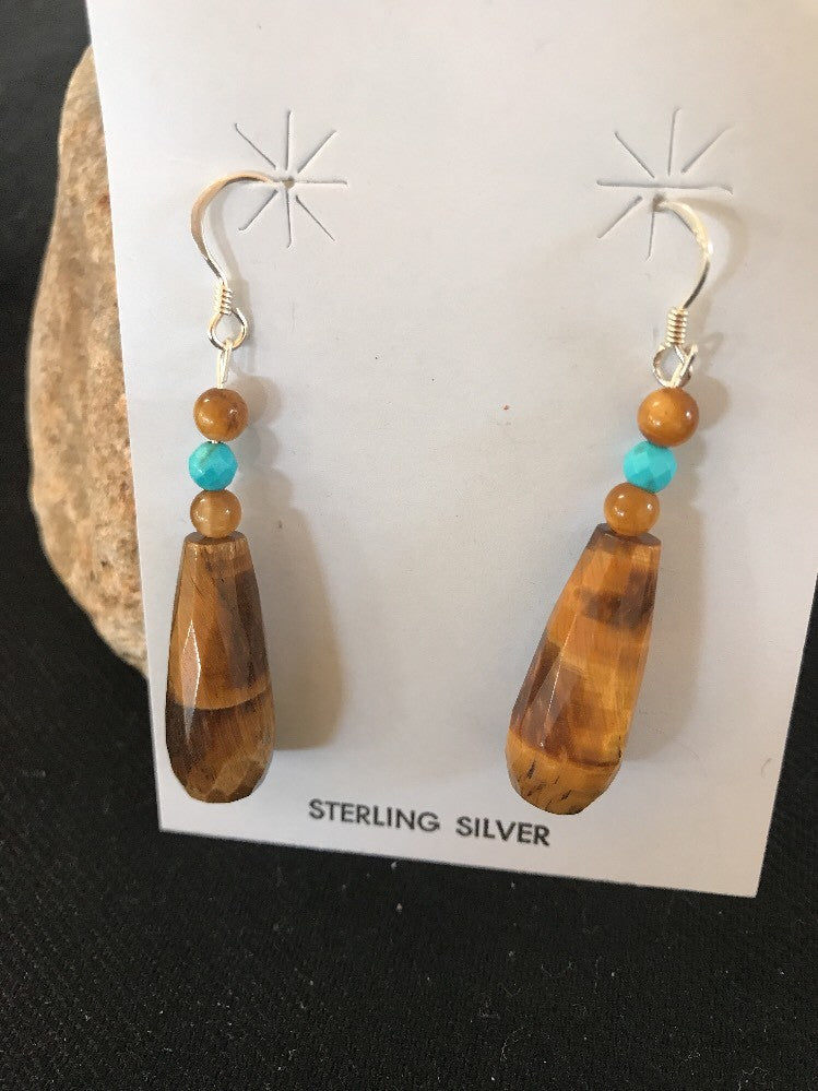 Tiger's Eyes Turquoise Faceted Navajo Sterling Silver Dangle Earrings 01995