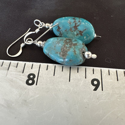 Blue Turquoise Nugget Sterling Silver Beads Earrings 1" 17867