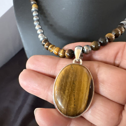 Coffee Brown Tigers Eye Sterling Silver Pendant Necklace Southwestern 18283