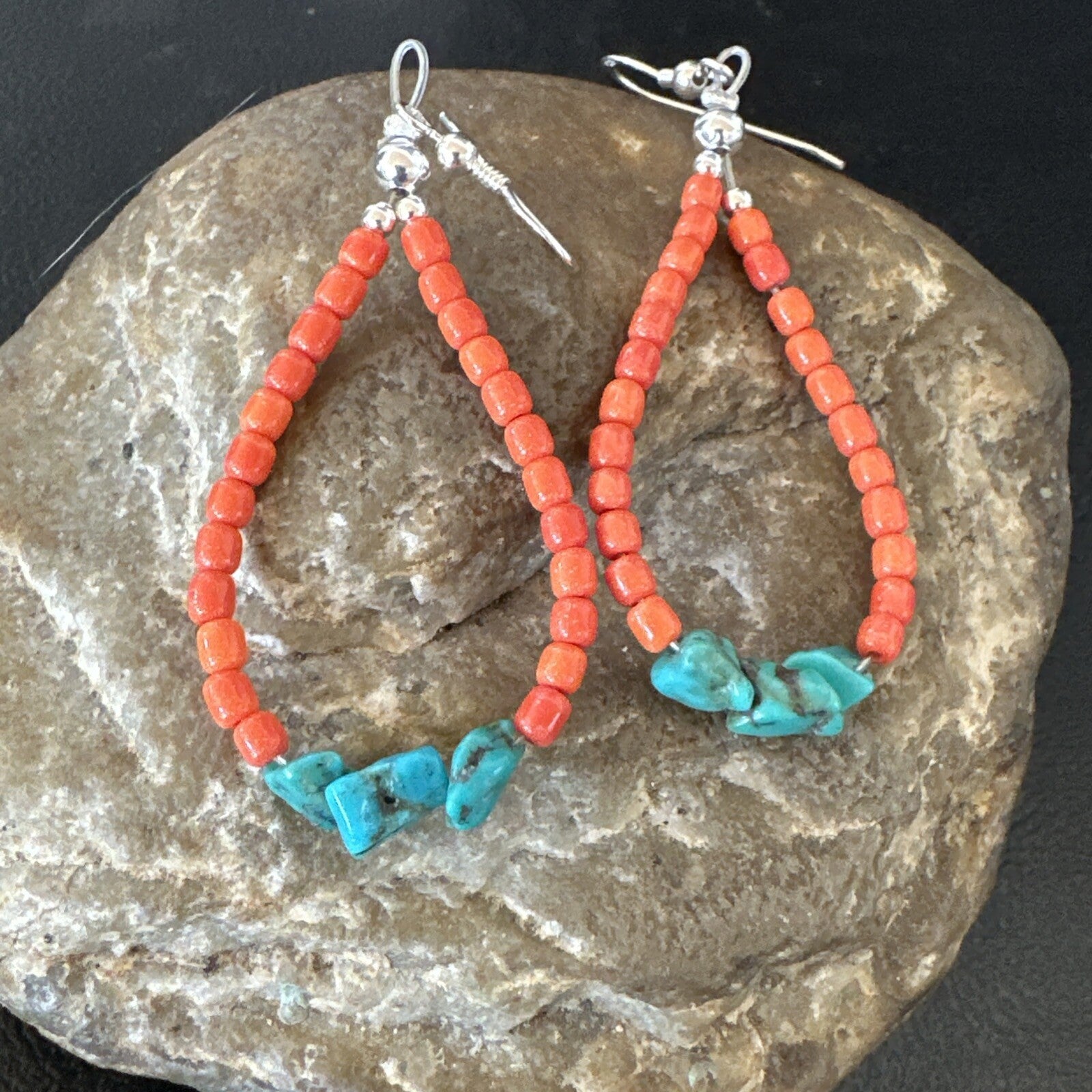 Blue Turquoise Coral Navajo Sterling Silver Earrings 2” 18833