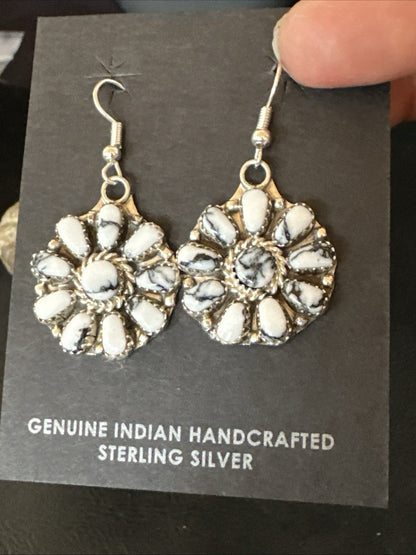 Womens Cluster White Buffalo Navajo Sterling Silver Dangle Earrings 19092