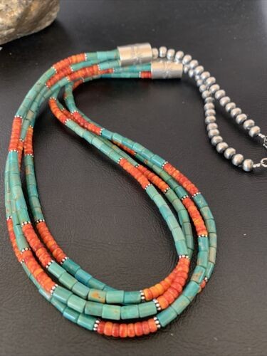 Navajo Green Royston Turquoise Spiny Necklace Sterling Silver 26" 10469