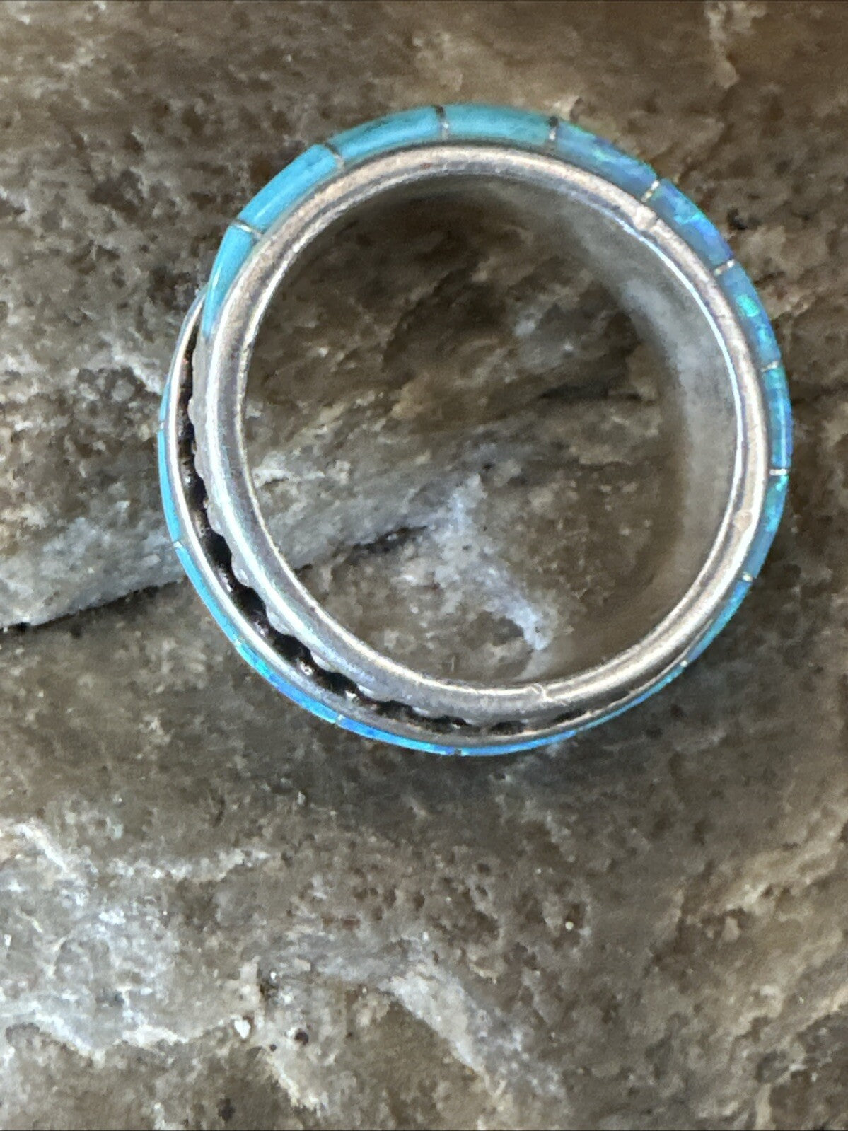 Blue Opal Navajo Sterling Silver Band Inlay Ring Size 7 18807