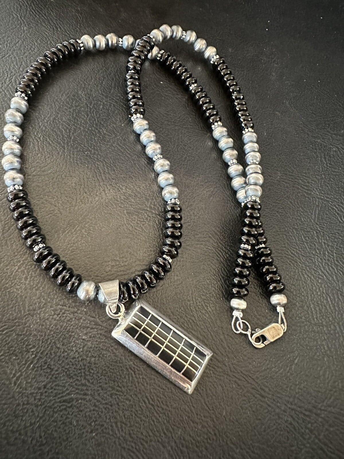 Mens Womens Black Onyx Pendant Navajo Sterling Silver Beads Necklace 18331