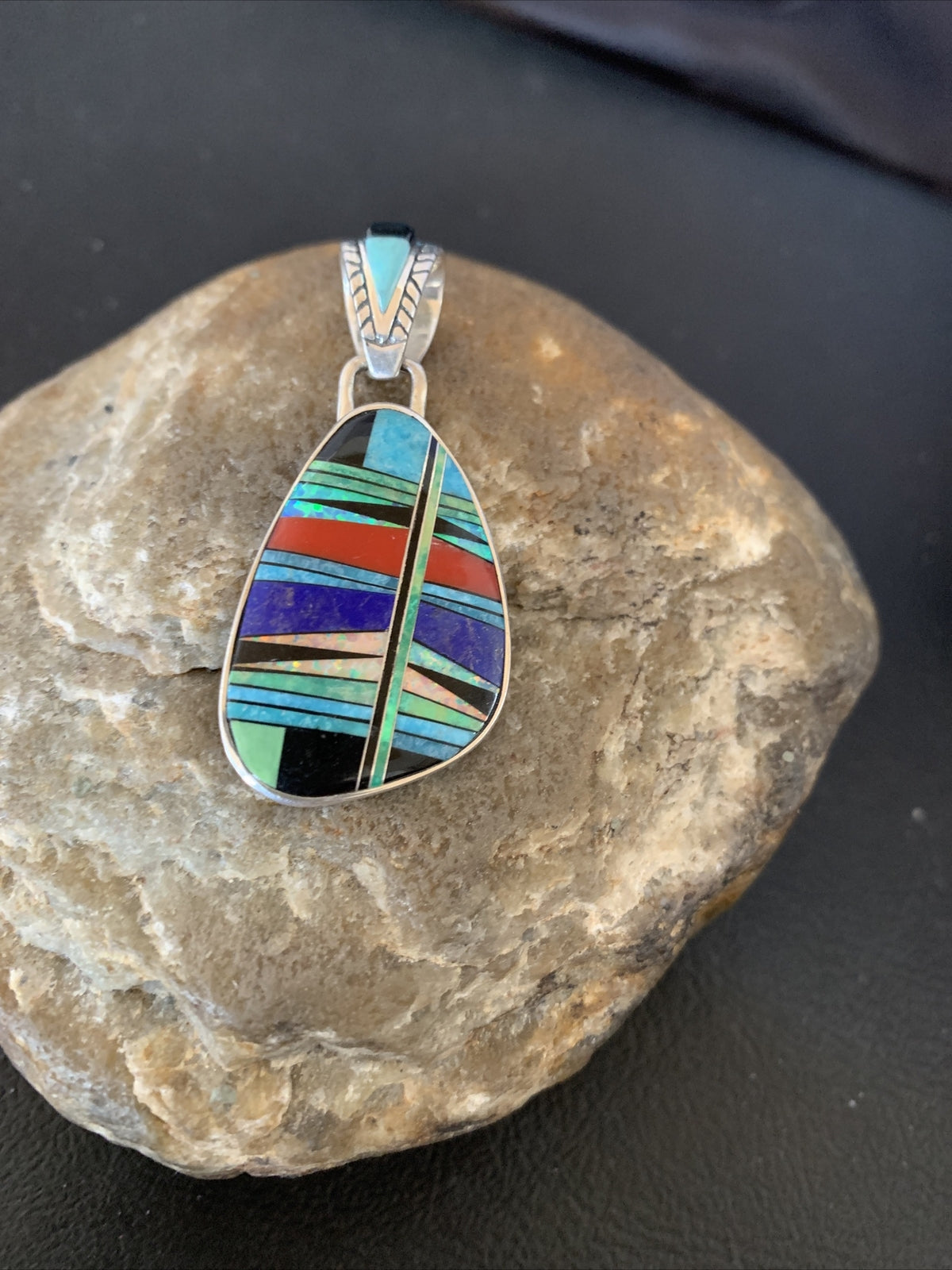Womens Blue Turquoise Coral & Opal Navajo Sterling Silver Inlay Pendant 12493