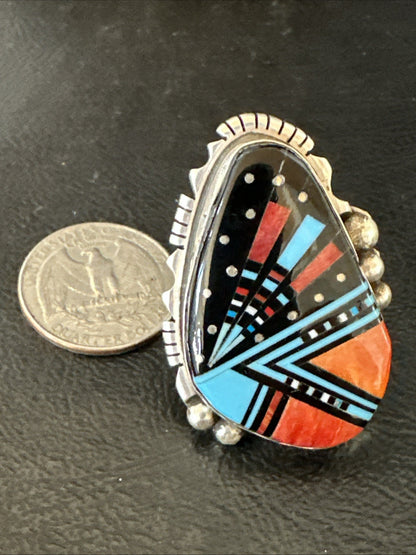 Cosmic Inlay Onyx Turquoise Spiny Navajo Sterling Silver Ring Size 9 19789