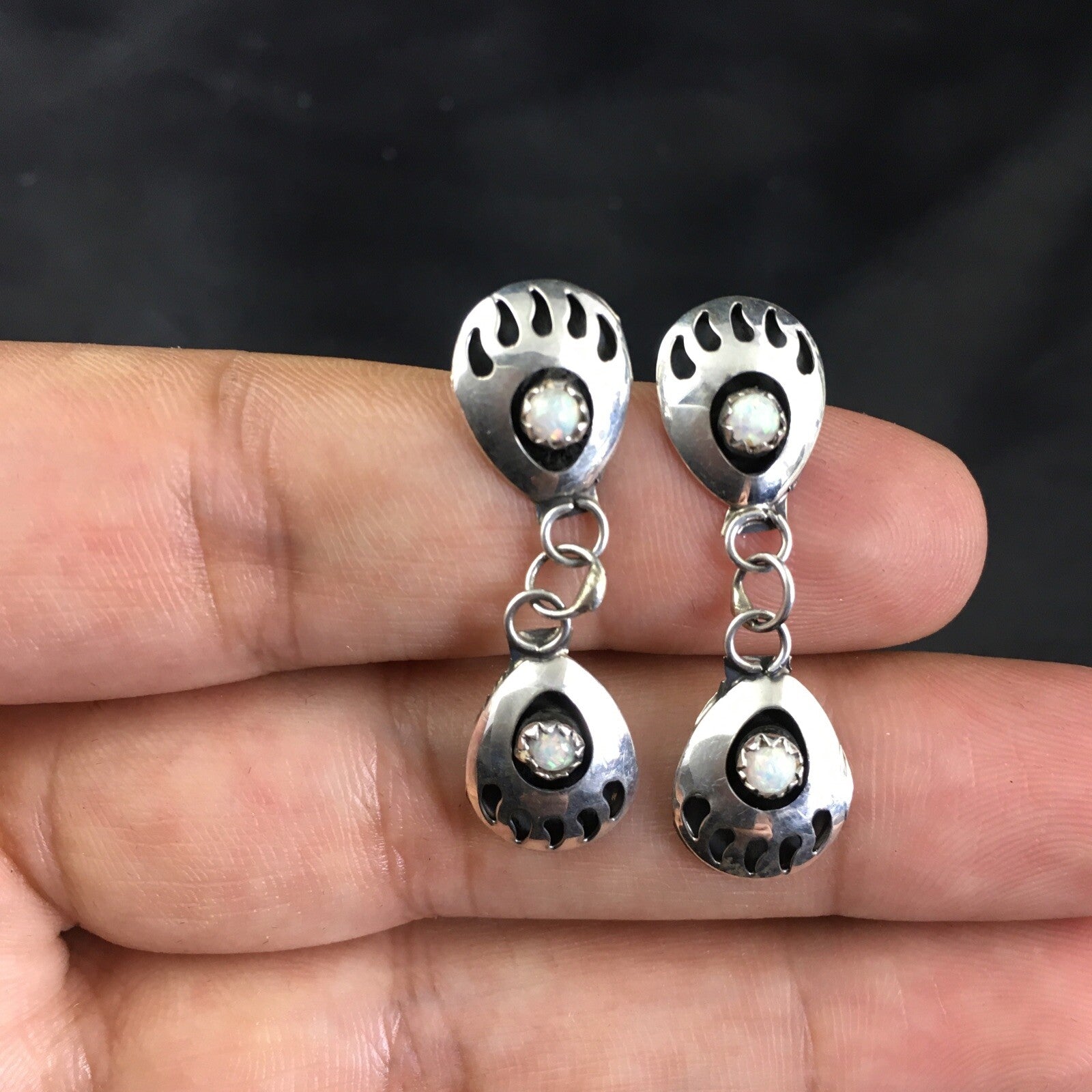 White Opal Navajo Sterling Silver Post Dangle Bear Paw Earrings 1.30" 08694