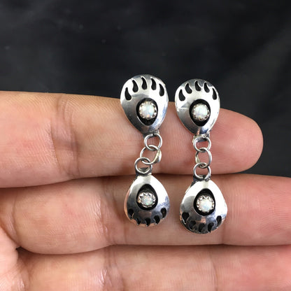 White Opal Navajo Sterling Silver Post Dangle Bear Paw Earrings 1.30" 08694