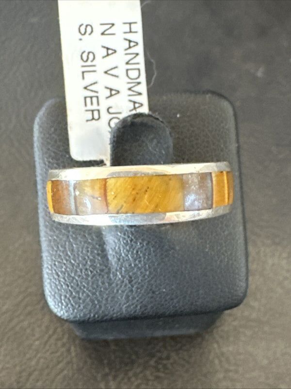 Women Coffee Tigers Eye Navajo Inlay Ring Size 7 | Sterling Silver | Authentic Native American Handmade | 18704