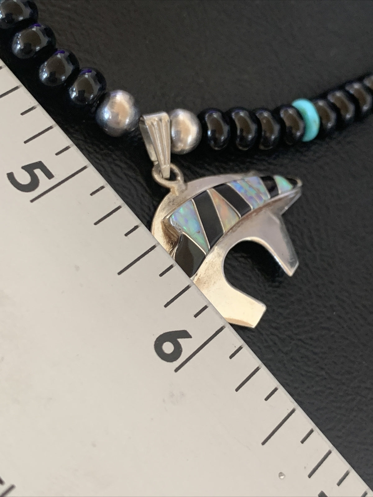 Turquoise Opal Inlay Pendant Black Onyx Navajo Sterling Silver Necklace 12698