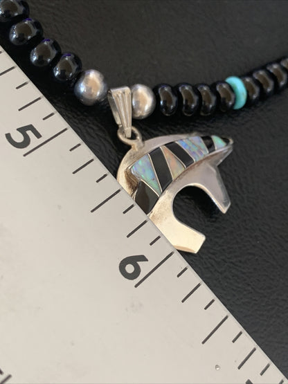 Turquoise Opal Inlay Pendant Black Onyx Navajo Sterling Silver Necklace 12698