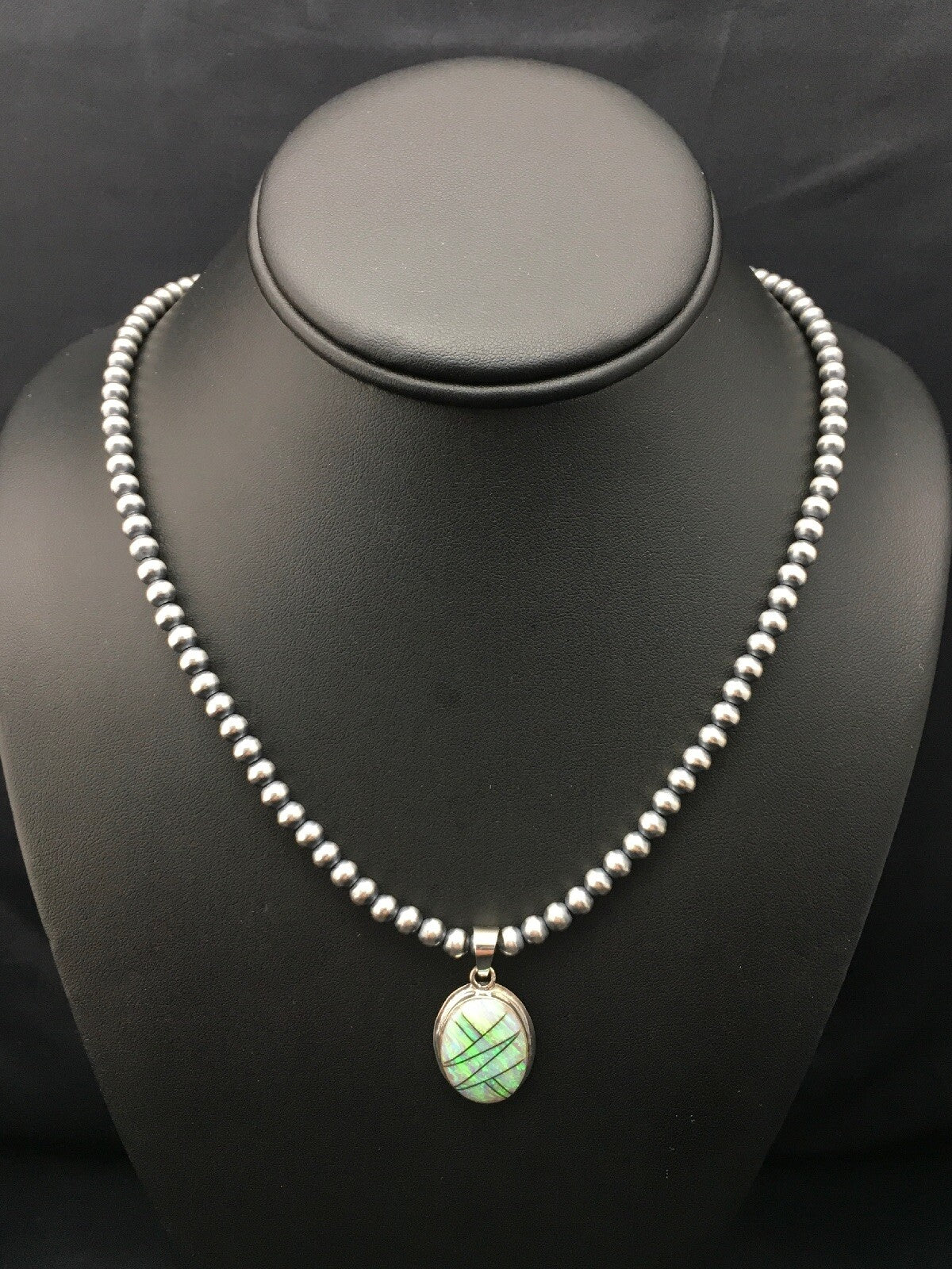 Native Opal Inlay Pendant Navajo Pearls Sterling Silver Necklace 4400