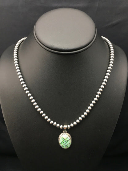 Native Opal Inlay Pendant Navajo Pearls Sterling Silver Necklace 4400
