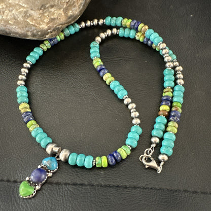 Blue Lapis Green Turquoise Cluster Pendant Navajo Sterling Silver Necklace 19659