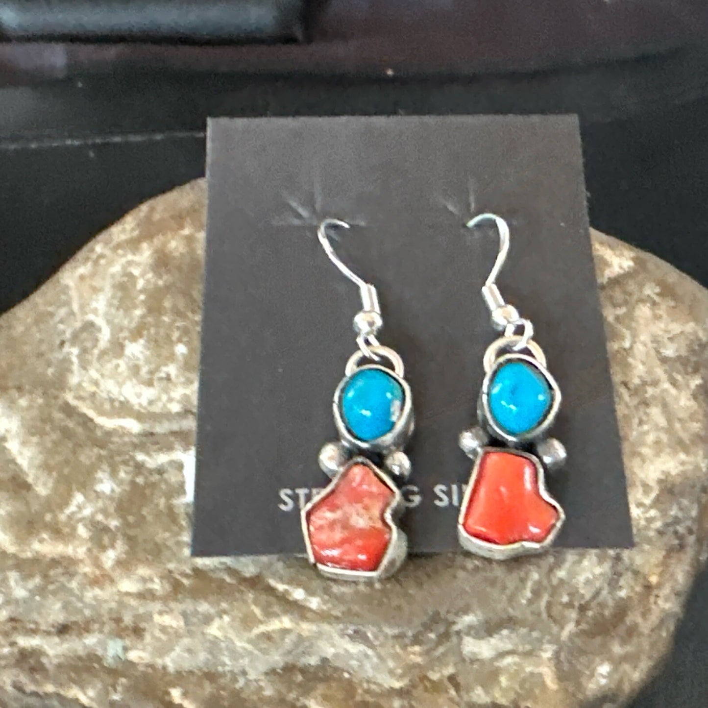 Handmade Blue Turquoise Red Coral Sterling Silver Navajo Dangle Earrings 18839