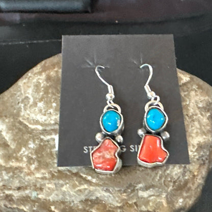 Handmade Blue Turquoise Red Coral Sterling Silver Navajo Dangle Earrings 18839
