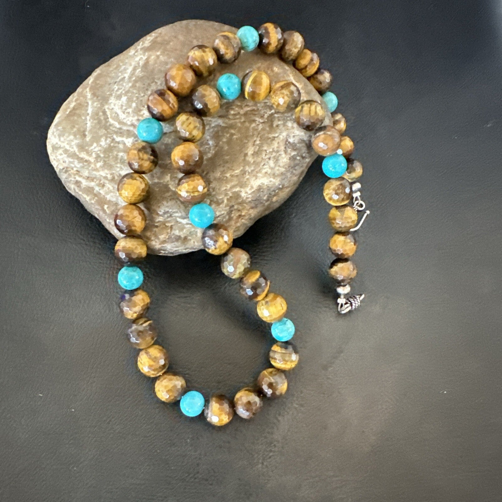 WoMens Tiger Eye Blue Turquoise  Sterling Silver Beads Necklace 19” 18169