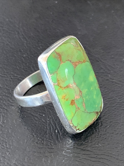 Green Mohave Turquoise Navajo Sterling Silver Ring Size 8.5 Adjustable 11793