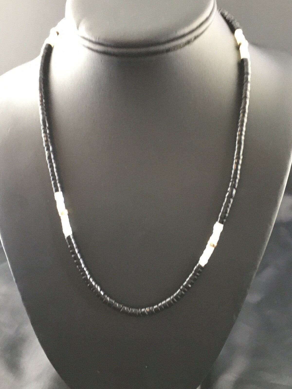 Black Onyx & Mother Of Pearl Navajo Sterling Silver Necklace 19" 10141