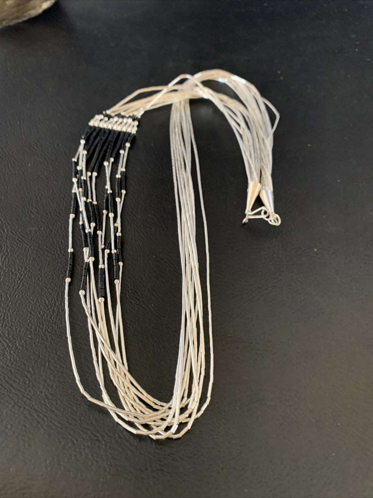 Black Onyx Liquid Silver 10 Strands Heishi Tubes 26" Necklace 13059