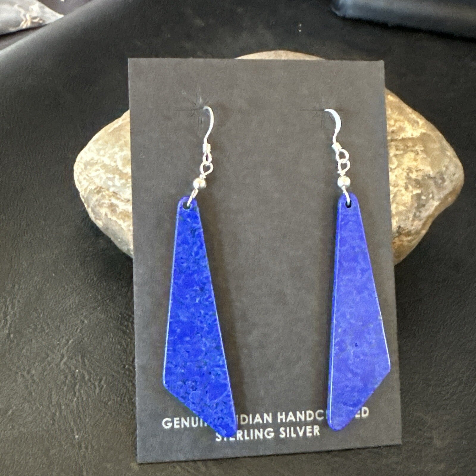 Navajo Slab Blue Lapis Sterling Silver Earrings 2" 17878