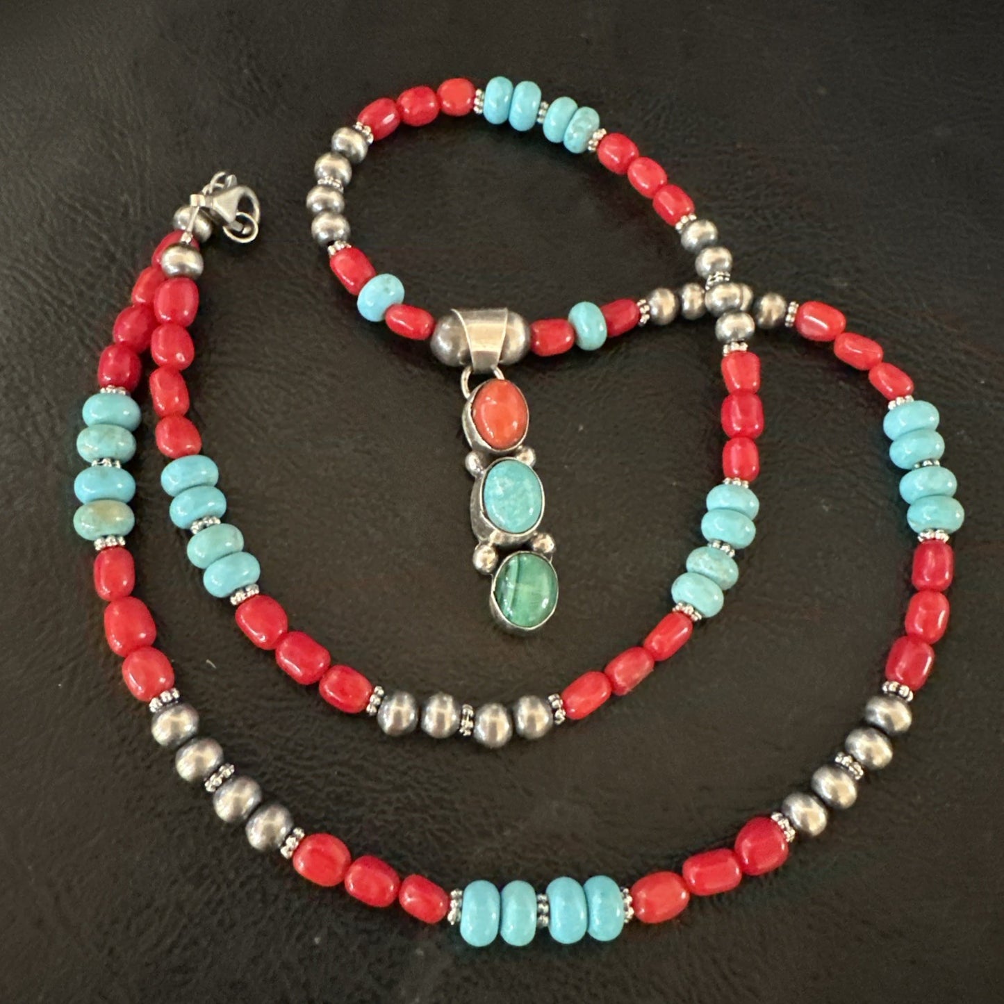 Multicolor Turquoise Coral Navajo Sterling Silver Cluster Pendant Necklace 19654