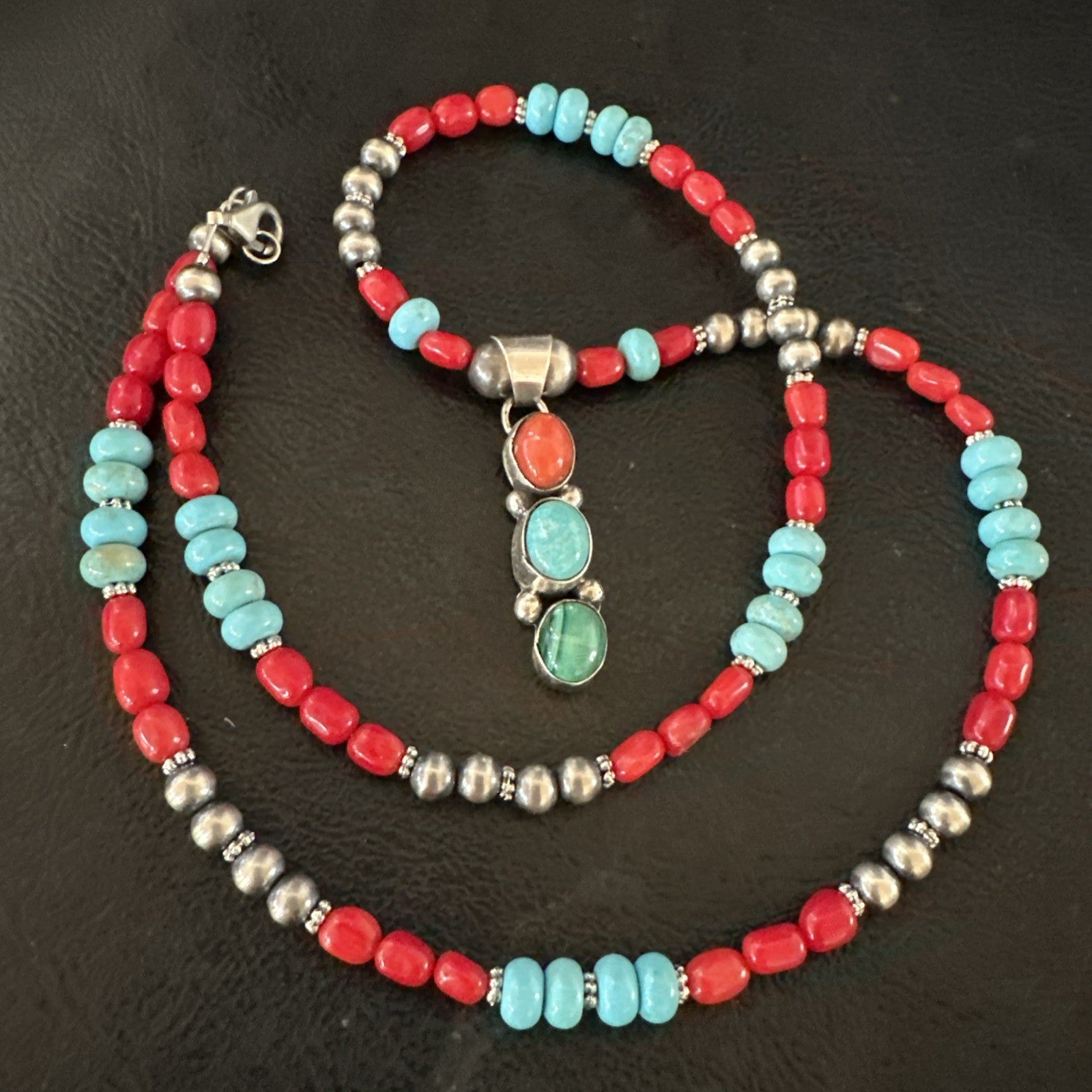 Multicolor Turquoise Coral Navajo Sterling Silver Cluster Pendant Necklace 19654