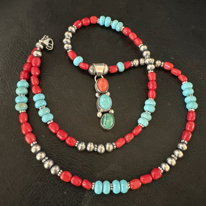 Multicolor Turquoise Coral Navajo Sterling Silver Cluster Pendant Necklace 19654
